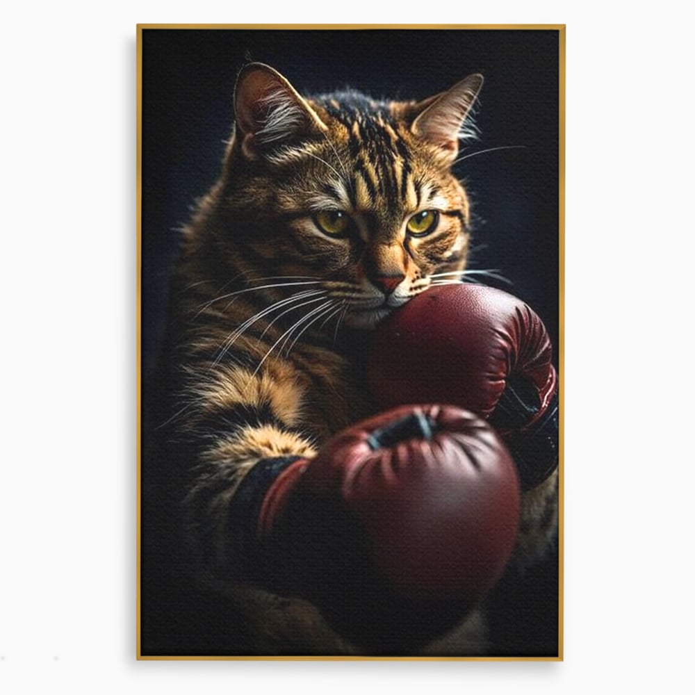 Tablou canvas cu tablou canvas cu motan boxer, in rama de aluminiu auriu